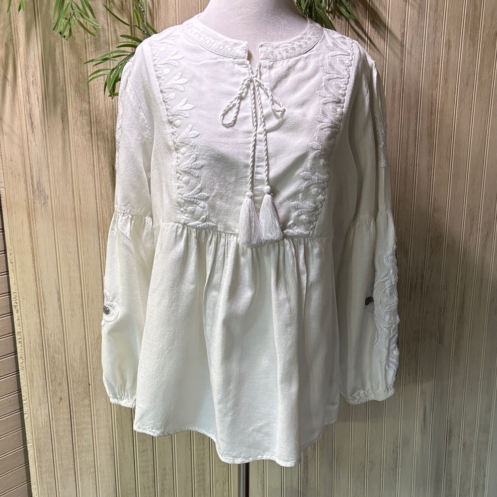 Soft Surroundings White Marissa Embroidered Beaded Top, NWT, Large, Boho